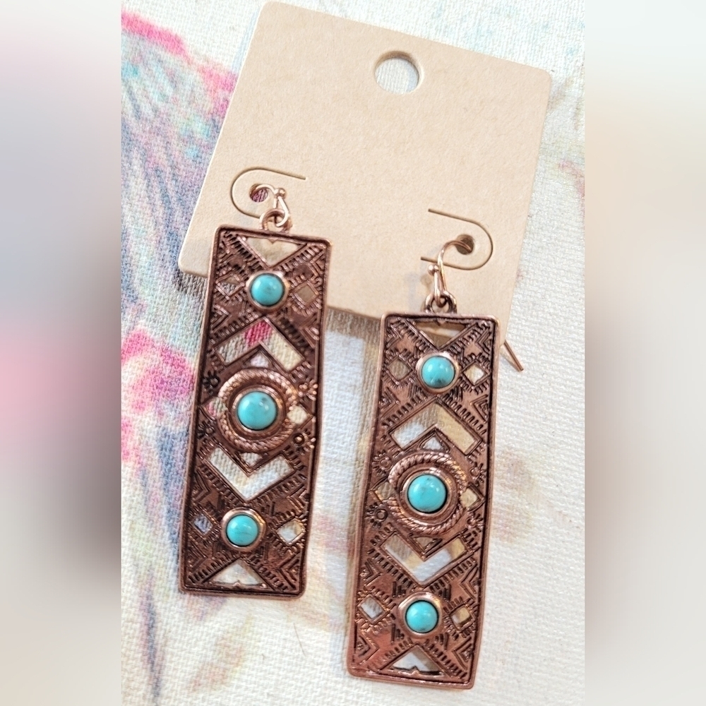 Coppertone Western Style Turquoise Colored Stone Earrings